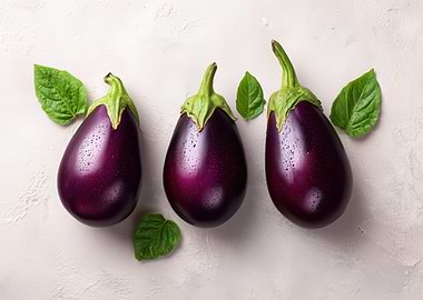 Three Eggplants with Leaves