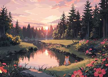 Fox in Forest Landscape at Sunset