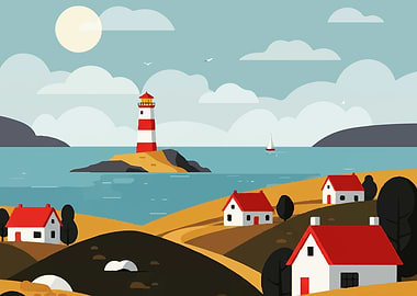 Coastal Landscape with Lighthouse and Houses