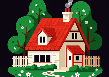 Cartoon House with Red Roof