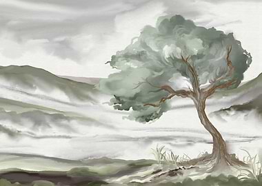 Lone Tree in Misty Landscape Painting
