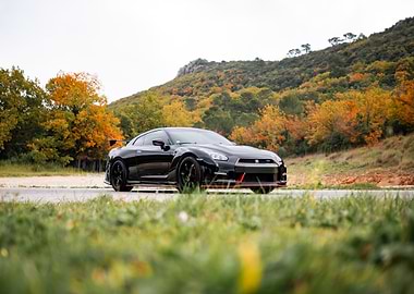 Black Nissan GT-R on Autumn Road