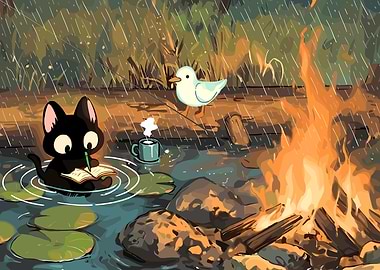 Rainy Day Campfire with Cat and Duck