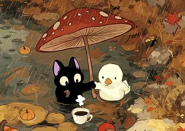 Cat and Duck in Autumn Rain