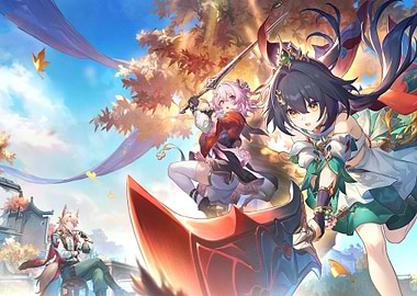 Anime Girls with Swords in Autumn