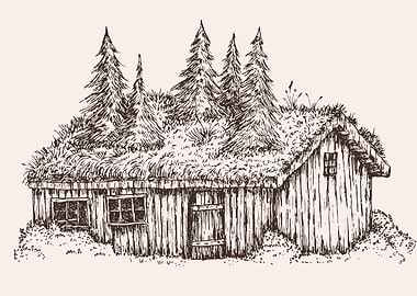 Scandinavian turf house sketch