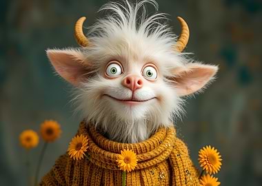 Smiling Furry Creature with Flowers