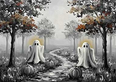 Ghosts and Pumpkins in Foggy Forest