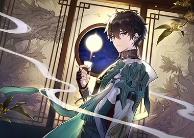 Anime character with tea in moonlight
