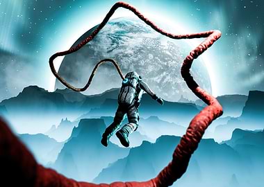 Astronaut in Space with Red Tendrils