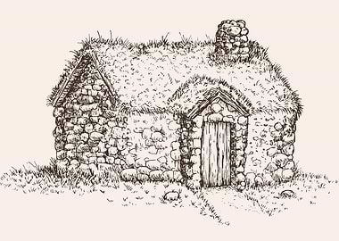 Stone Cottage with Grass Roof Illustration