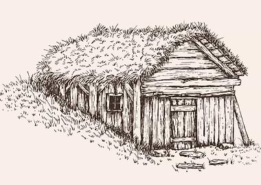 Rustic sod roof hut illustration