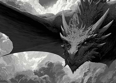 Monochrome Dragon in Cloudy Sky