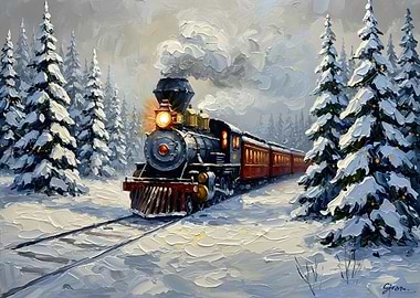 Winter Train Through Snowy Forest Painting