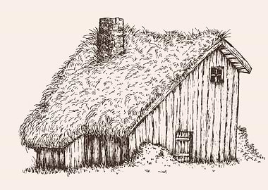 Rustic Hut with Grass Roof Illustration