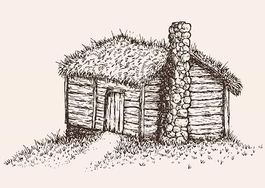 Rustic Cabin Sketch with Stone Chimney