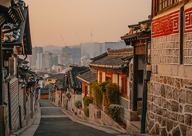 Sunrise at Bukchon Hanok Village in Seoul, South Korea