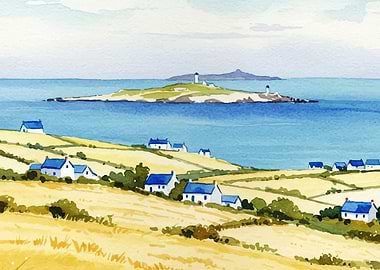 Coastal Village Watercolor Painting