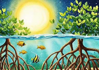 Mangrove watercolor with fish and sun