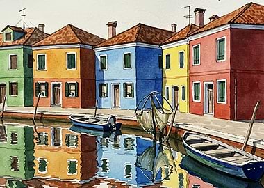 Colorful Houses and Canal Watercolor Painting