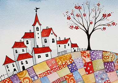 Whimsical Village Watercolor Painting