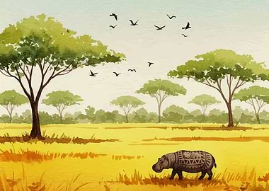 Watercolor African Landscape with Hippopotamus