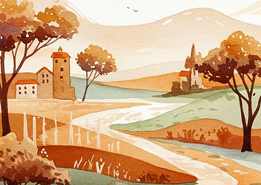 Watercolor Landscape with Buildings and River