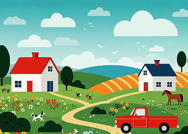 Cartoon Farm Landscape with Animals