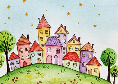 Watercolor Village Under Starry Sky