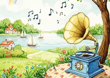 Watercolor Gramophone by the Lake