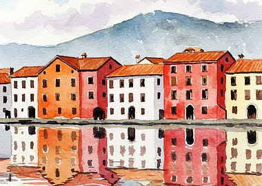 Watercolor Cityscape with Reflections