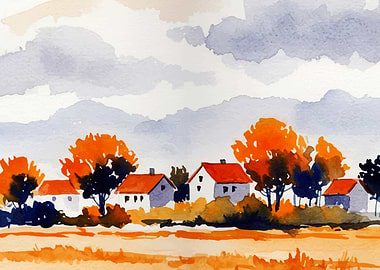 Watercolor Autumn Village Landscape Painting