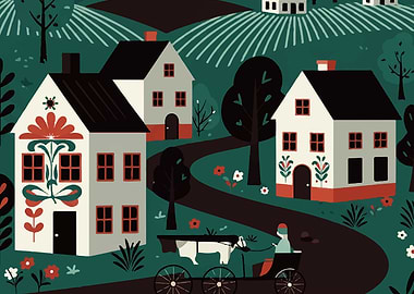 Rural Landscape with Houses and Carriage