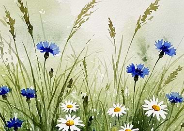 Watercolor Field with Cornflowers and Daisies