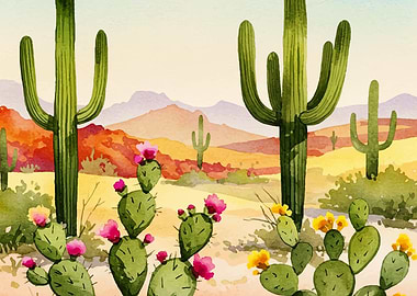 Watercolor Desert Landscape with Cacti