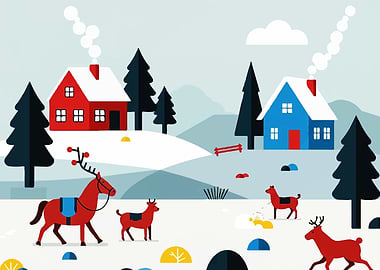 Winter Village with Reindeer Illustration