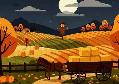 Autumn Harvest Scene with Horse Cart