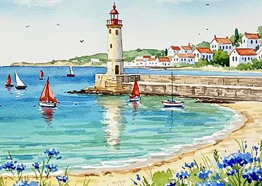 Watercolor Coastal Scene with Lighthouse