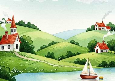 Watercolor Village Landscape with Sailboat