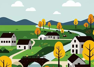 Cartoon Village Landscape with River