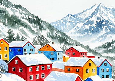 Watercolor Winter Village in the Mountains