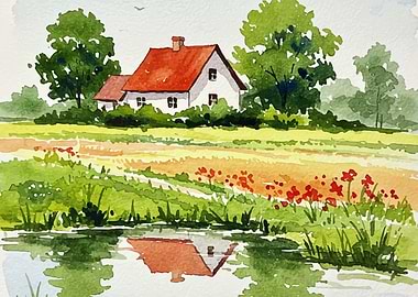 Watercolor Countryside House with Pond