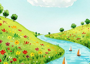 Watercolor Landscape with River and Boats