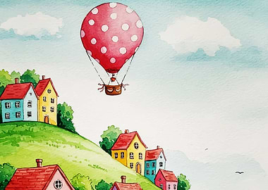 Watercolor Village with Hot Air Balloon