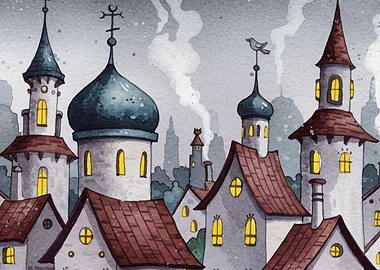 Watercolor Fantasy Townscape
