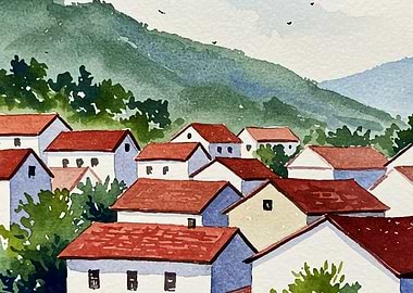 Watercolor Village Scene with Red Roofs