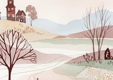 Watercolor Landscape with Houses and Trees