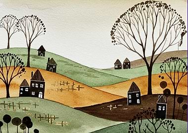 Watercolor Landscape with Houses and Trees