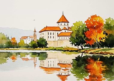 Watercolor Castle Reflection