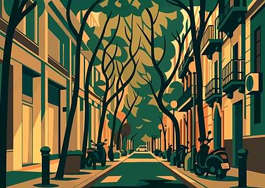 Spain - Barcelona Street Charm - trees and scooters